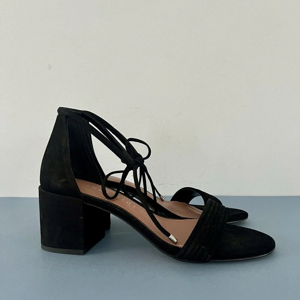 Gianni Bini Rhiaann Dress Sandals‎ Ankle Tie Black Suede Block Heels